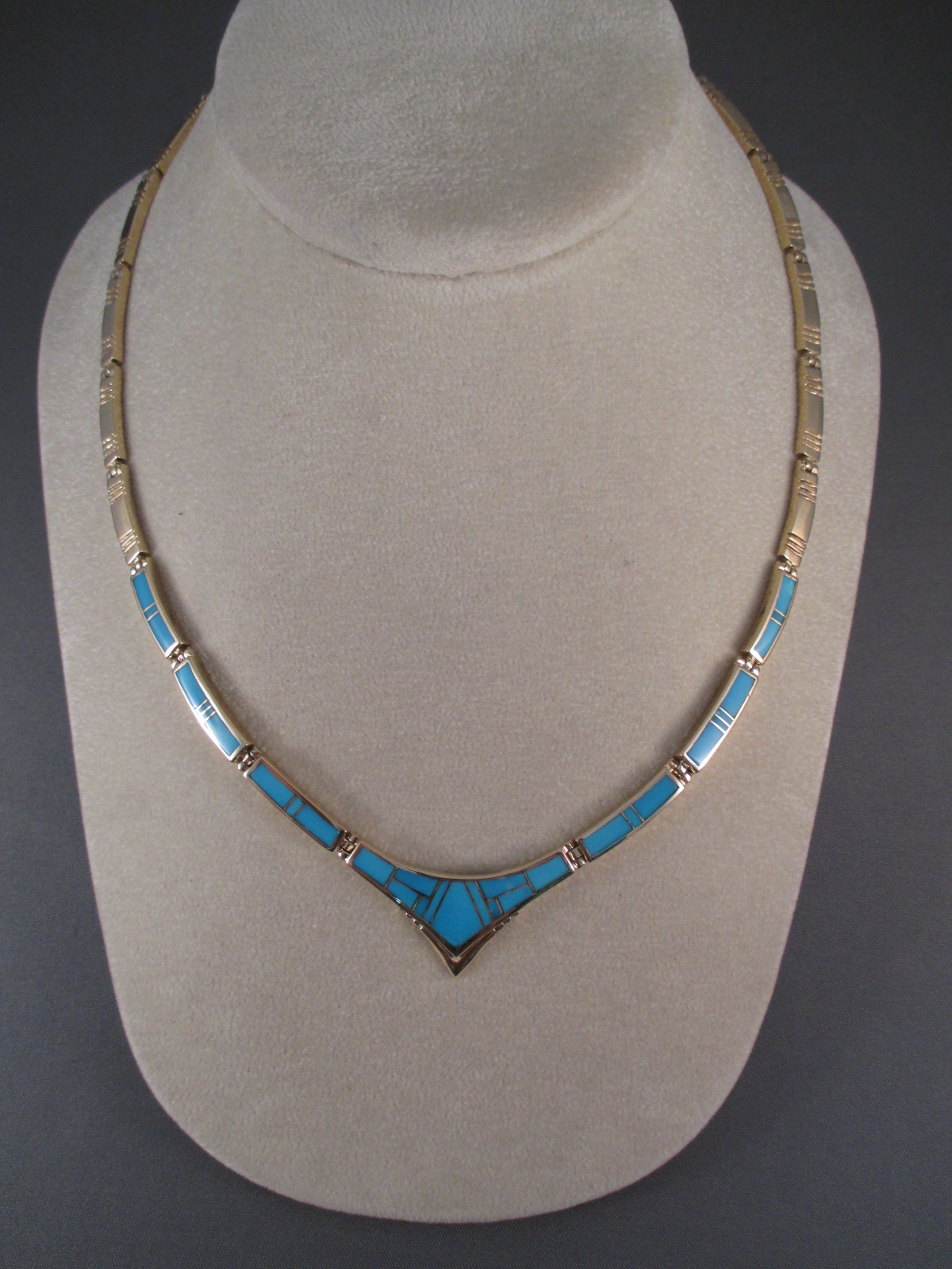 Kt Gold Sleeping Beauty Turquoise Inlay Necklace Native American