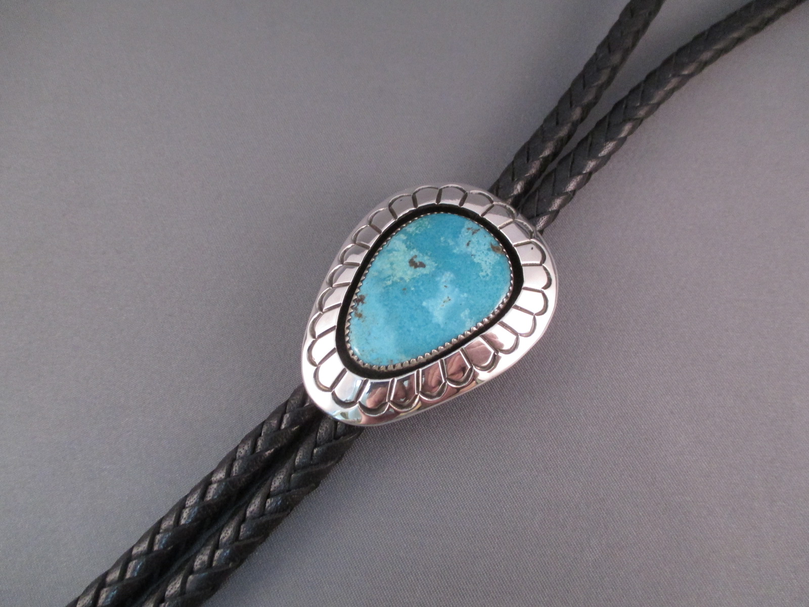 Bolo Tie with Kingman Turquoise by Gene and Martha Jackson - Two Grey Hills