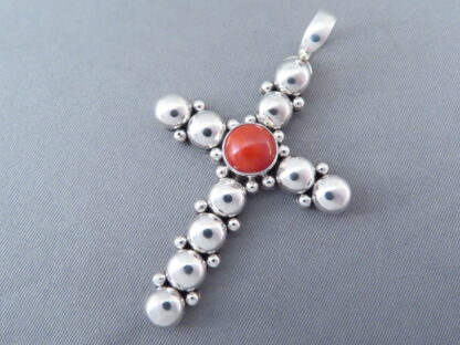 Coral & Sterling Silver Cross Pendant by Artie Yellowhorse