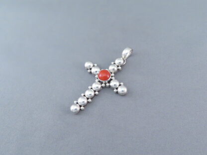 Coral & Sterling Silver Cross Pendant by Artie Yellowhorse