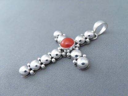 Coral & Sterling Silver Cross Pendant by Artie Yellowhorse