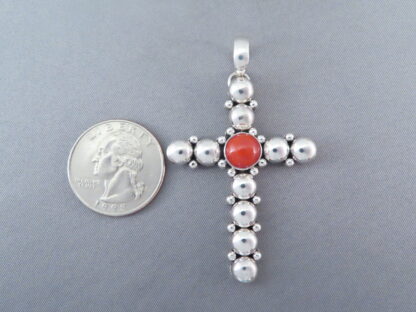 Coral & Sterling Silver Cross Pendant by Artie Yellowhorse