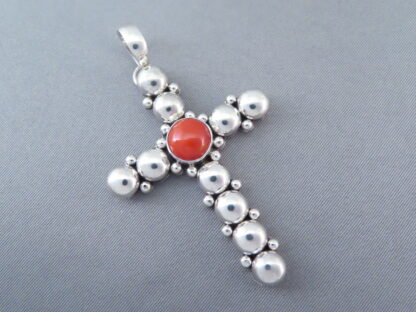 Coral & Sterling Silver Cross Pendant by Artie Yellowhorse