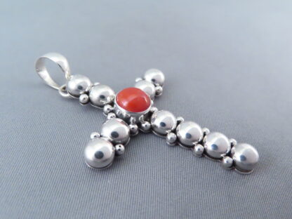 Coral & Sterling Silver Cross Pendant by Artie Yellowhorse