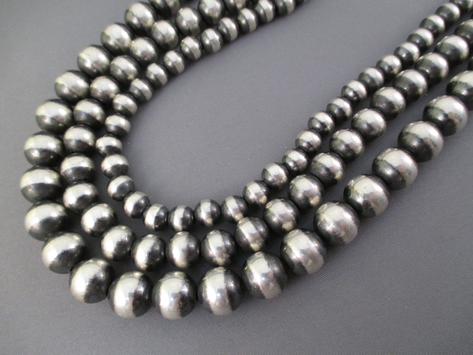 Oxidized Sterling Silver Bead Necklace (3-Strands) - Navajo Jewelry