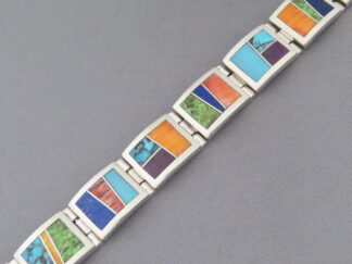 Inlaid Bracelet - Wider Multi-Color Inlay Link Bracelet by Native American jeweler, Charles Willie FOR SALE $885-