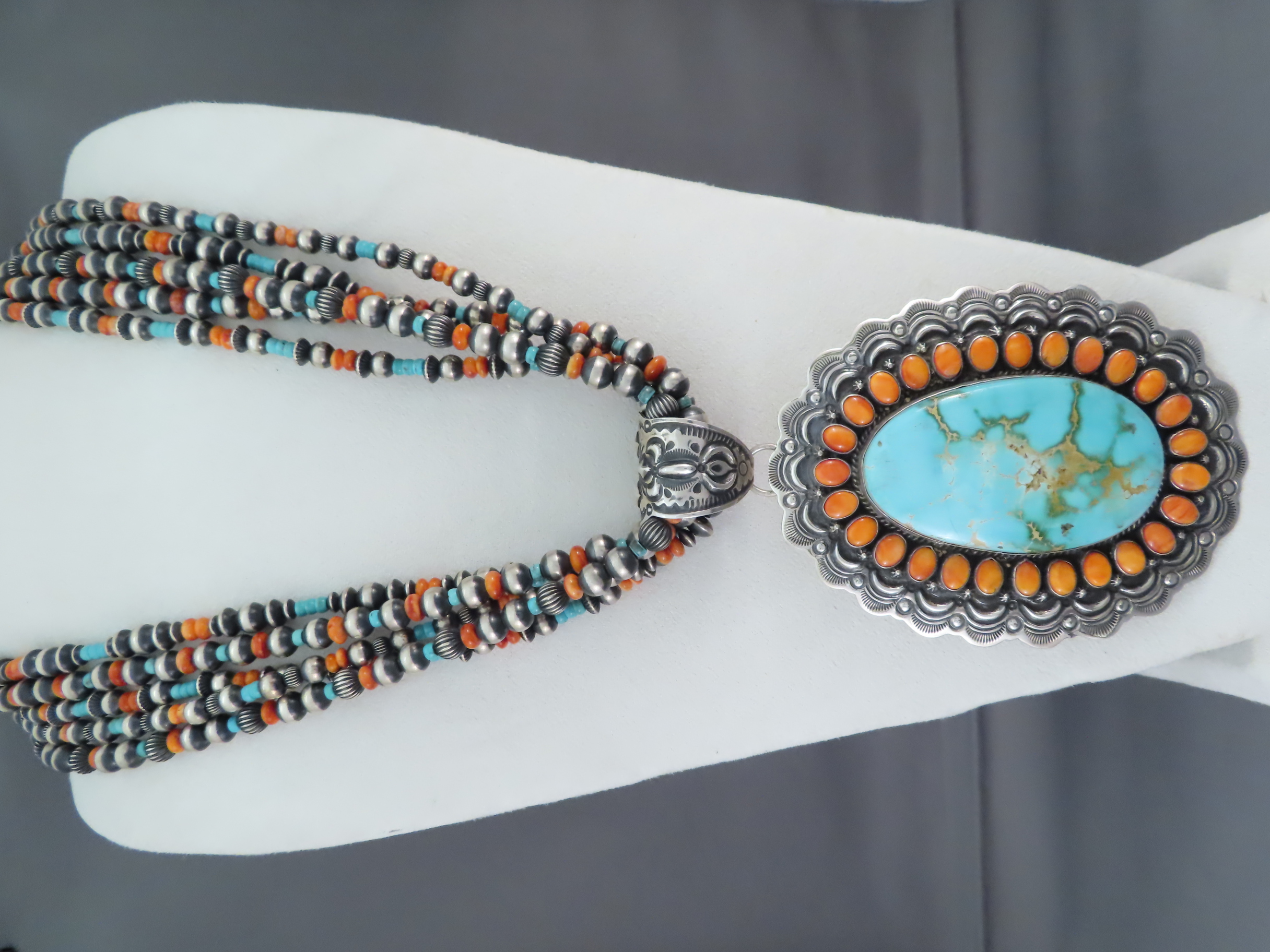 HUGE Turquoise Necklace - Very Large Royston Turquoise Necklace with Spiny Oyster Shell by Native American jewelry artist, Darryl Becenti FOR SALE $5,400-