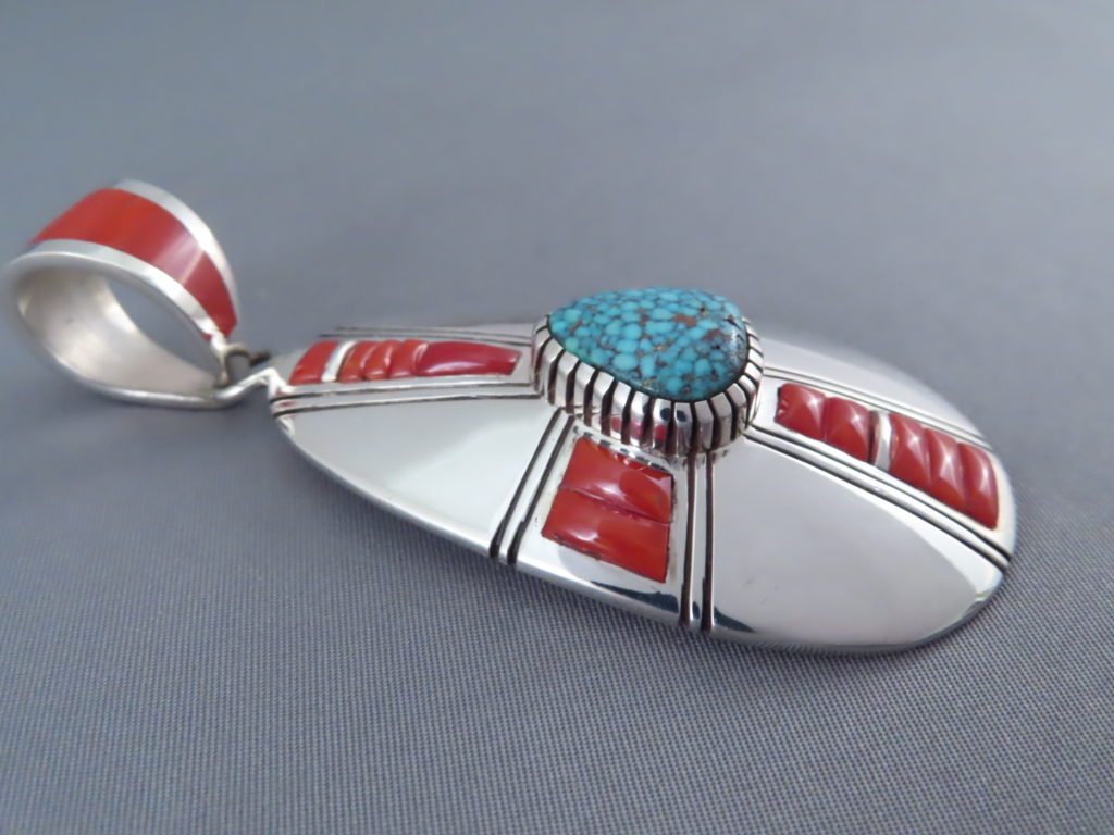 Kingman Turquoise & Coral Pendant by Michael Perry | Navajo Jewelry