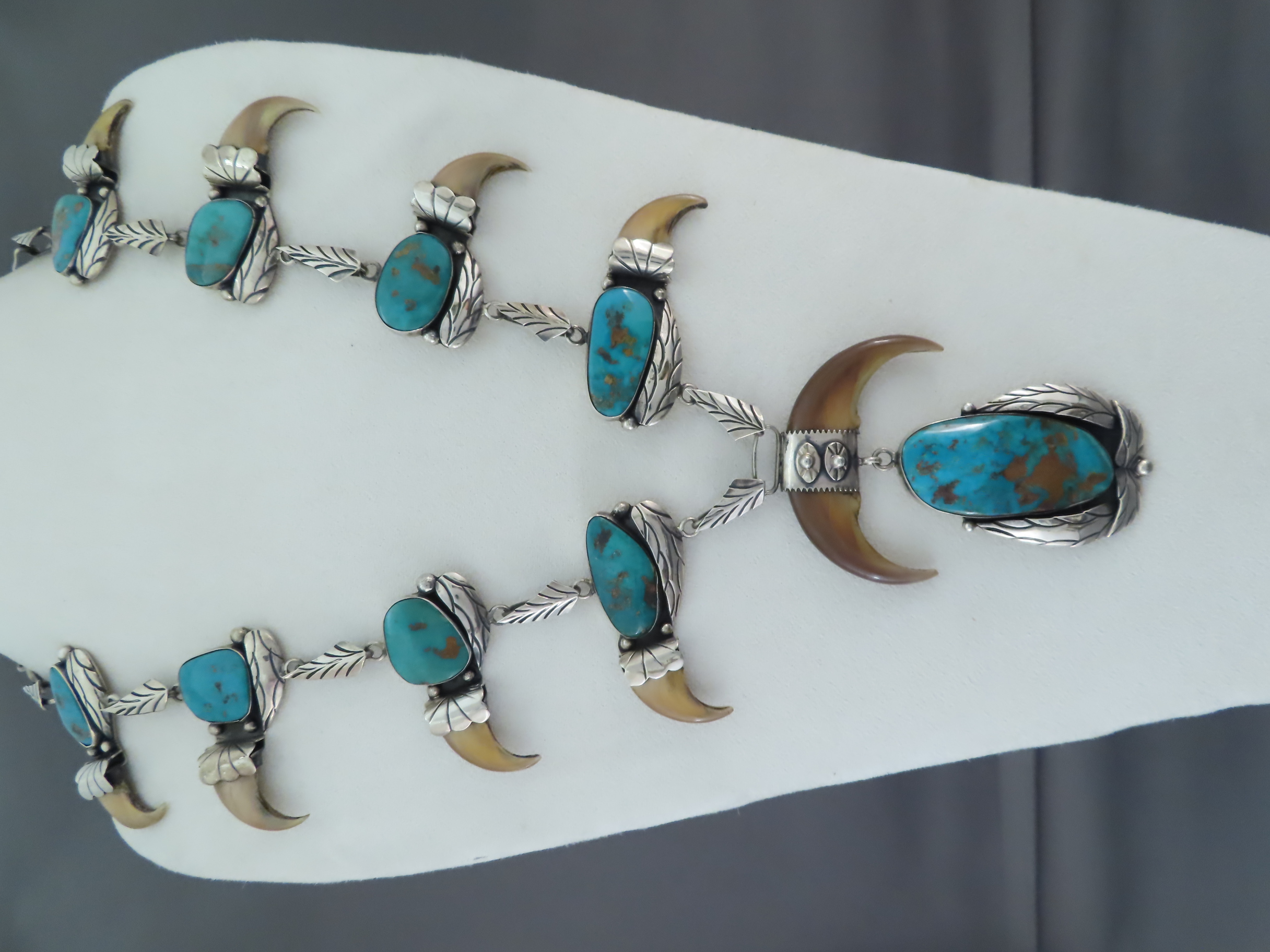Vintage Squash Blossom Necklace with Blue Gem Turquoise & Bear Claws