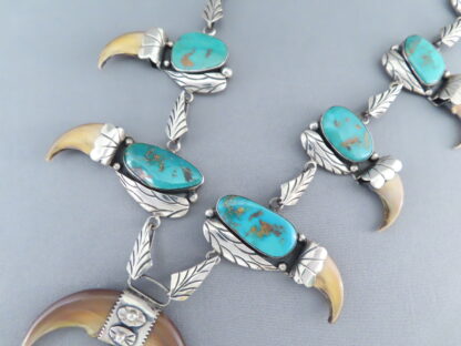 Vintage Squash Blossom Necklace with Blue Gem Turquoise & Bear Claws