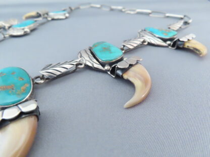 Vintage Squash Blossom Necklace with Blue Gem Turquoise & Bear Claws