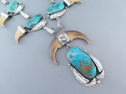 Vintage Squash Blossom Necklace with Blue Gem Turquoise & Bear Claws