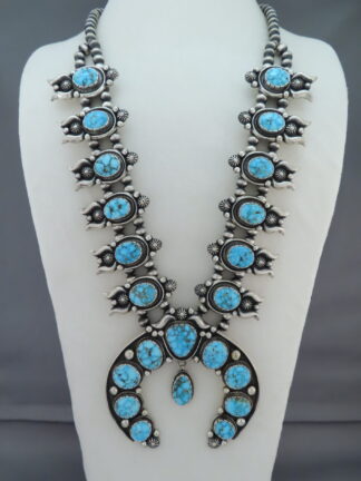 Kingman Turquoise Squash Blossom Necklace & Earring Set