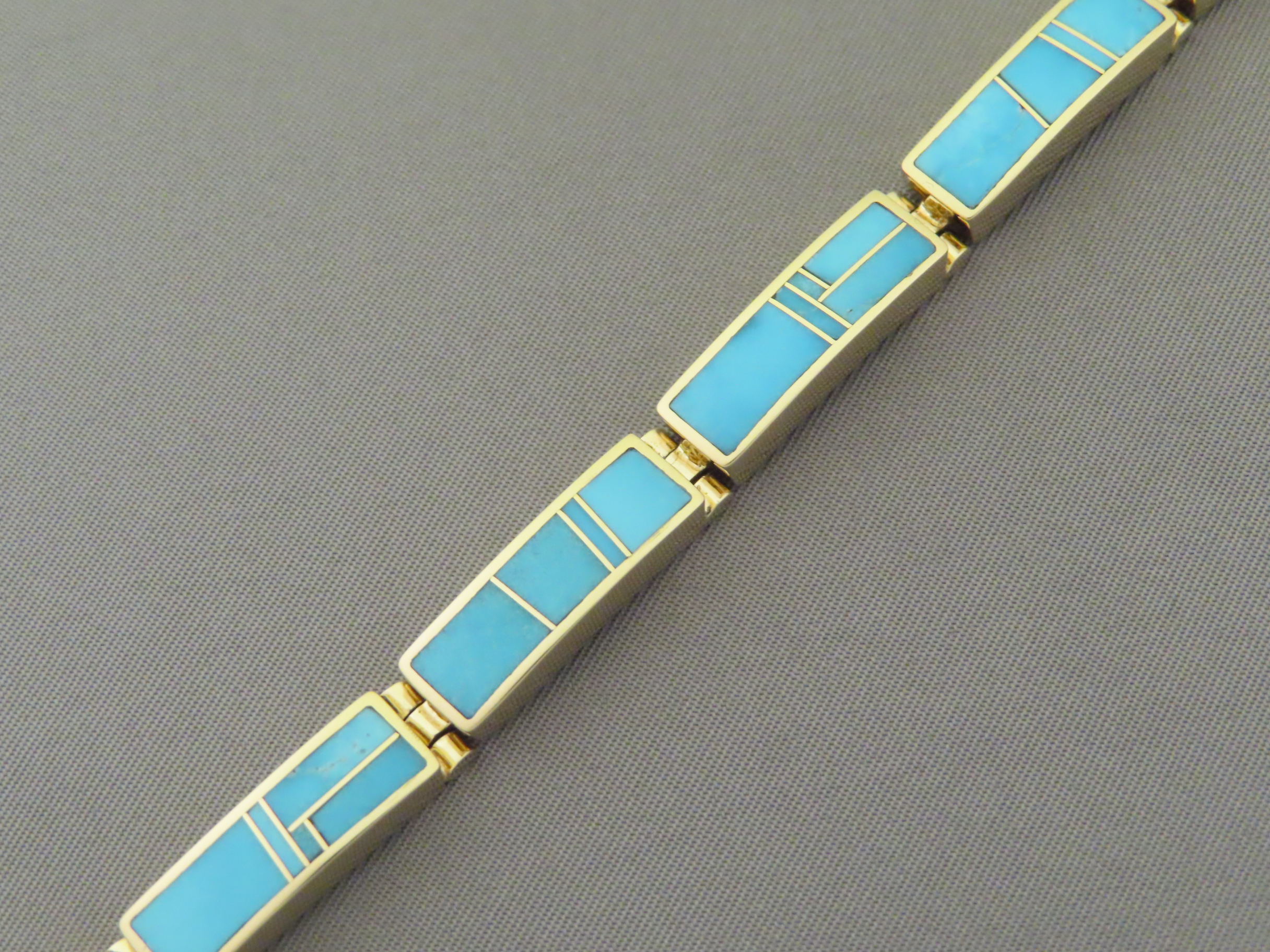 14K Gold Curb Turquoise MOP Inlay Bracelet