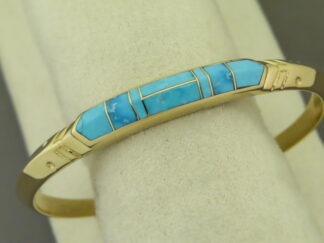 Shop Native American Jewelry - 14kt Gold Turquoise Inlay Cuff Bracelet by Navajo jeweler, Tim Charlie FOR SALE $4,700-