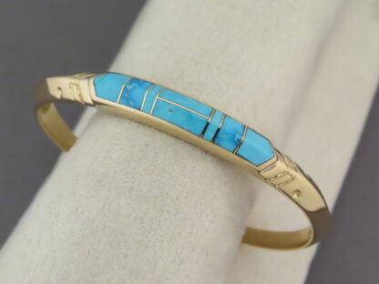 Gold Bracelet Cuff with Turquoise Inlay (14kt Gold)