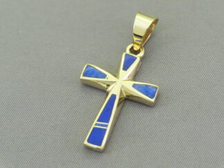 Shop Gold Cross - Lapis Inlaid Cross Slider Pendant in 14kt Gold by Native American jewelry artist, Pete Chee FOR SALE $1,450-