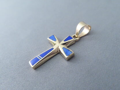 14kt Gold Cross Pendant with Lapis Inlay