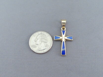 14kt Gold Cross Pendant with Lapis Inlay