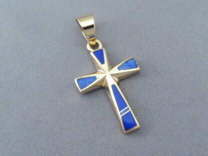 14kt Gold Cross Pendant with Lapis Inlay