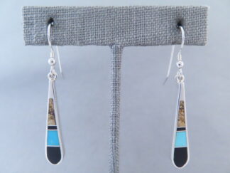 Shop Inlaid Jewelry - Long Multi-Stone with Turquoise Inlay Earrings (hooks) by Native American jeweler, Tim Charlie $160- FOR SALE