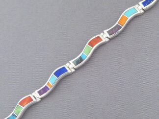 Shop Inlay Bracelet - 'Wavy' Inlaid Multi-Color Link Bracelet by Native American jeweler, Tim Charlie FOR SALE $495-