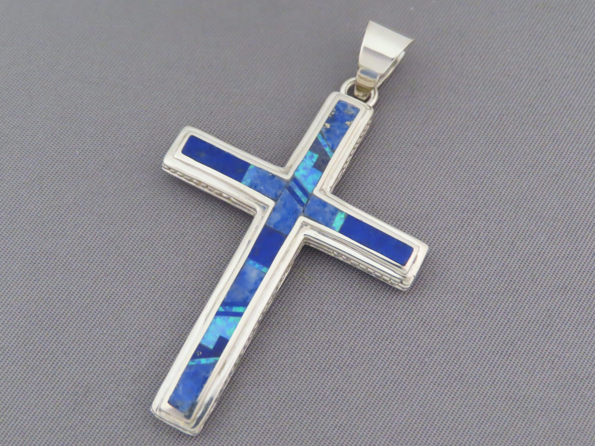 Larger Lapis & Opal Inlay Cross Pendant - Inlaid Cross Pendant - Cross