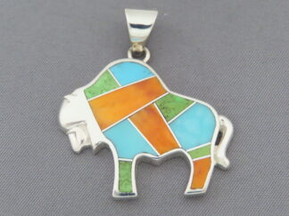 Buy Native American Jewelry - Colorful Multi-Stone Inlay Buffalo Bison Pendant by Navajo jeweler, Charles Willie $265- FOR SALE