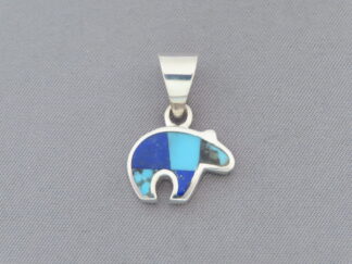 Shop Native American Jewelry - Small Turquoise & Lapis Inlay Bear Slider Pendant by Navajo jeweler, Pete Chee FOR SALE $110-