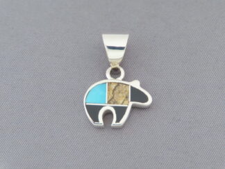 Navajo Jewelry - Tiny Mult-Stone Inlay Bear Slider Pendant with Turquoise by Native Jeweler, Pete Chee $115- FOR SALE