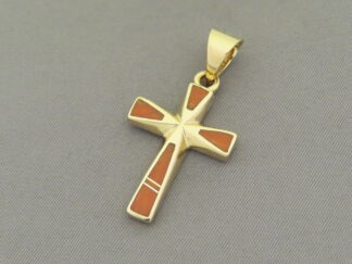 Gold Cross Pendant with Coral Inlay