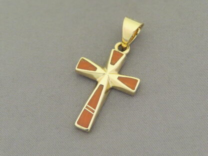 Gold Cross Pendant with Coral Inlay