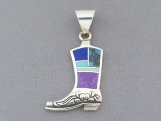 Inlaid Multi-Stone Cowgirl Boot Pendant by Native American (Navajo) jewelry artist, Peterson Chee $150- FOR SALE