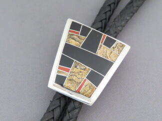 Inlaid Bolo Tie with Multi-Stone Inlay Featuring Coral