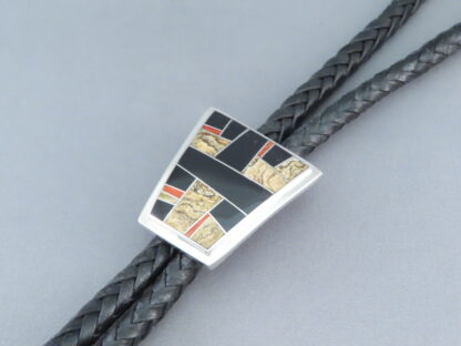 Inlaid Bolo Tie with Multi-Stone Inlay Featuring Coral