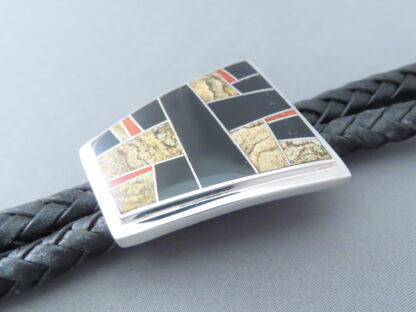 Inlaid Bolo Tie with Multi-Stone Inlay Featuring Coral