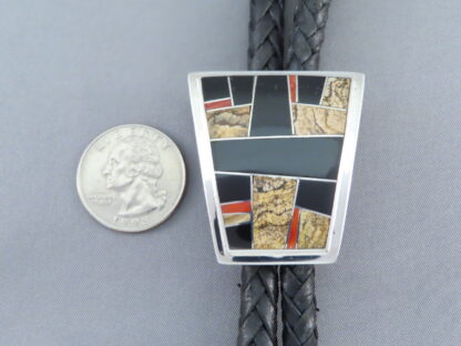 Inlaid Bolo Tie with Multi-Stone Inlay Featuring Coral