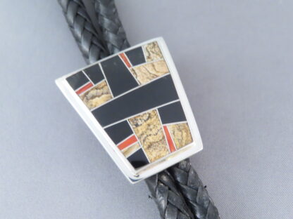 Inlaid Bolo Tie with Multi-Stone Inlay Featuring Coral