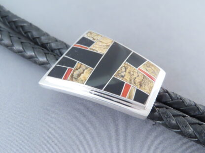 Inlaid Bolo Tie with Multi-Stone Inlay Featuring Coral