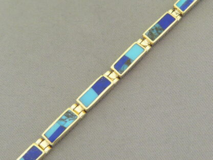 14kt Gold Link Bracelet with Turquoise & Lapis Inlay