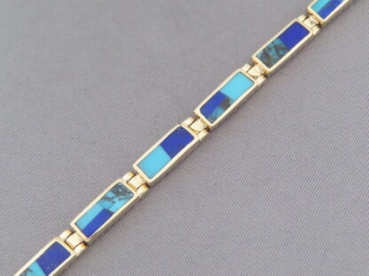 14kt Gold Link Bracelet with Turquoise & Lapis Inlay