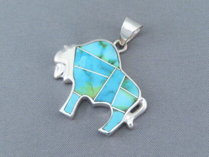 Green Sonoran Turquoise Inlay Bison Pendant