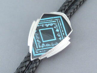 Finely Inlaid Bolo Tie with Black Jade & Turquoise