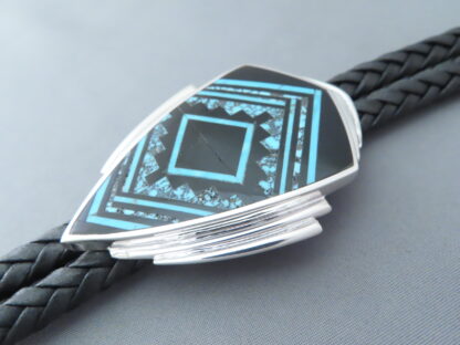 Finely Inlaid Bolo Tie with Black Jade & Turquoise