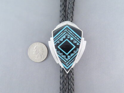 Finely Inlaid Bolo Tie with Black Jade & Turquoise