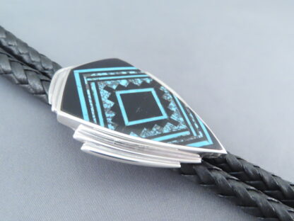 Finely Inlaid Bolo Tie with Black Jade & Turquoise