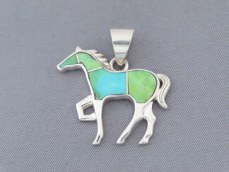 Horse Pendant - Green Sonoran Turquoise Inlay HORSE Pendant by Native American jeweler, Tim Charlie FOR SALE $265-