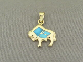 Gold Buffalo Pendant with Turquoise Inlay