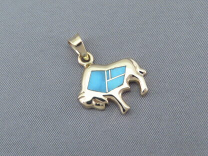 Gold Buffalo Pendant with Turquoise Inlay