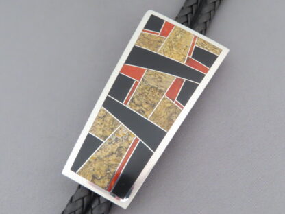 Inlaid Bolo Tie with Multi-Stone Inlay Featuring Coral